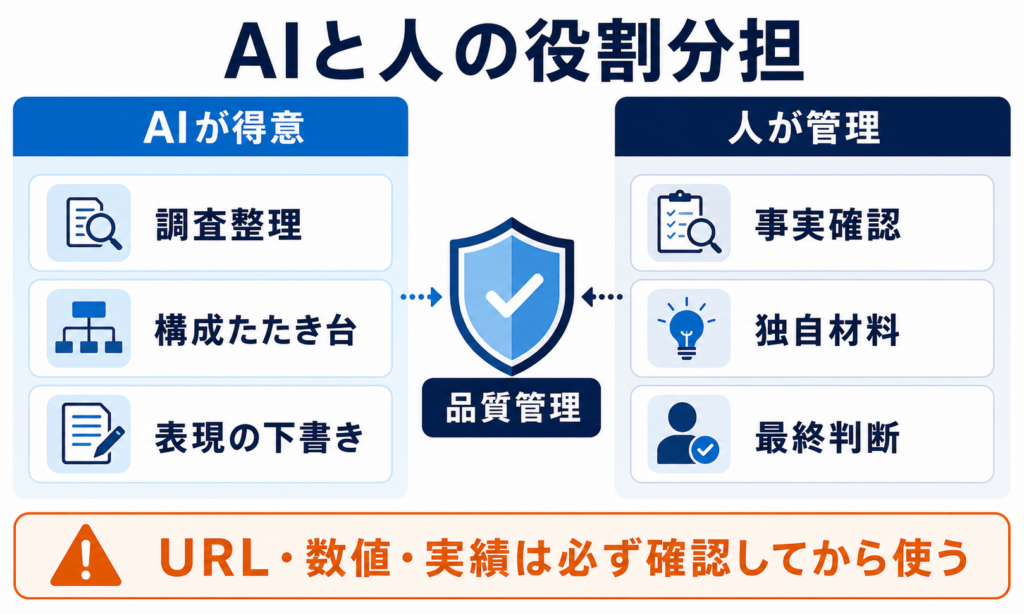 SEO記事制作におけるAIと人の役割分担を示し、調査整理や下書きはAI、事実確認や独自材料は人が管理することを表した図