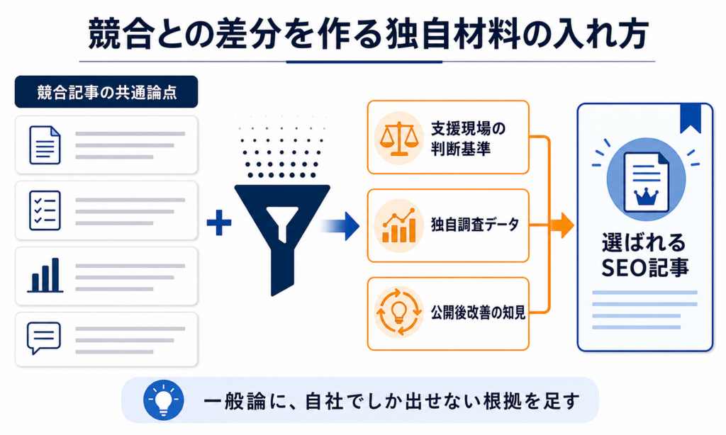 競合記事の共通論点に支援現場の判断基準、独自調査データ、公開後改善の知見を加える流れ