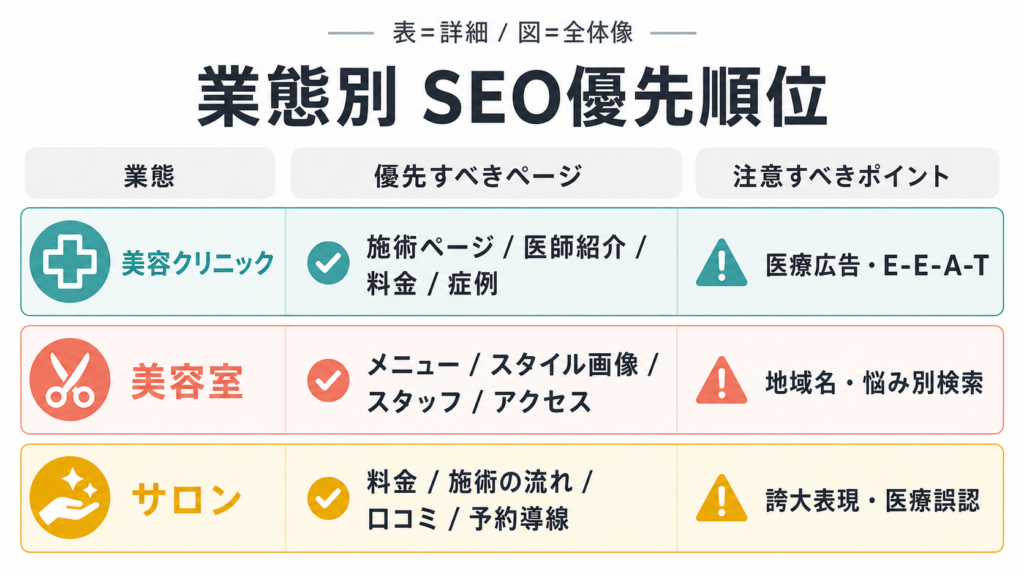 美容クリニック、美容室、サロンごとのSEO優先ページと注意点を整理した図 美容クリニック、美容室、サロンごとのSEO優先ページと注意点を整理した図