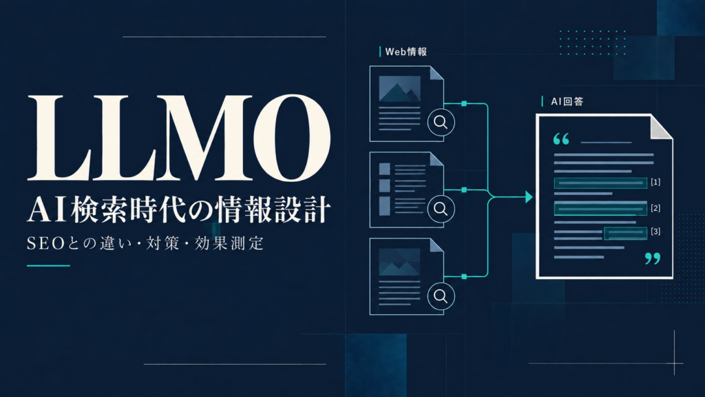 LLMOをテーマに、Web情報がAI回答の参照材料になる関係を表したアイキャッチ